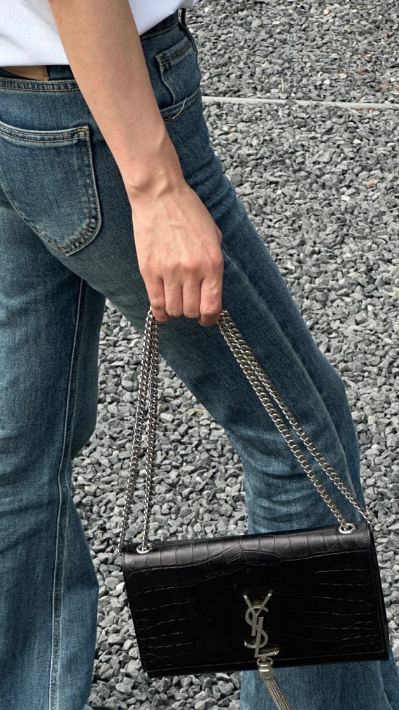 Saint Laurent Kate Tassel Bag Black Croc Embossed Leather
